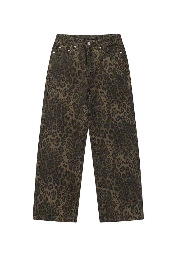 Leopard Print Pockets Denim Straight Pants Spring