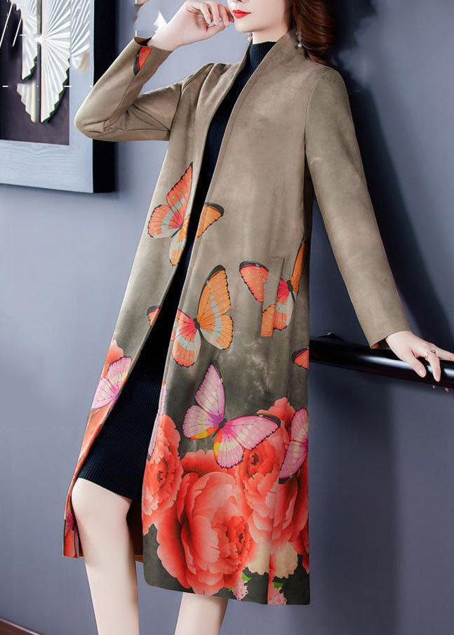 Grey V Neck Butterfly Print Faux Suede Coats Long Sleeve