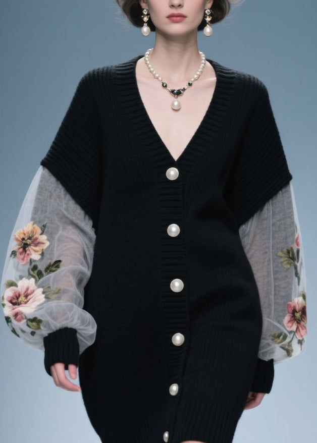 Loose Black V Neck Button Patchwork Knit Coat Fall