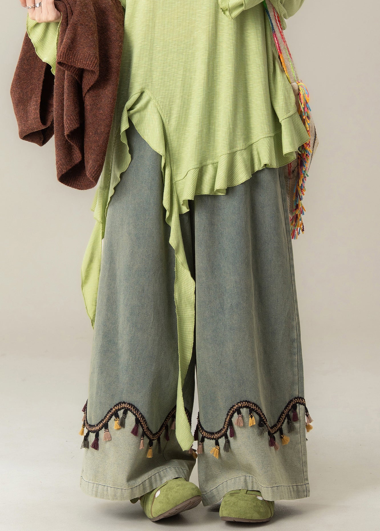 Blue Tasseled High Waist Patchwork Denim Wide Leg Pants Spring