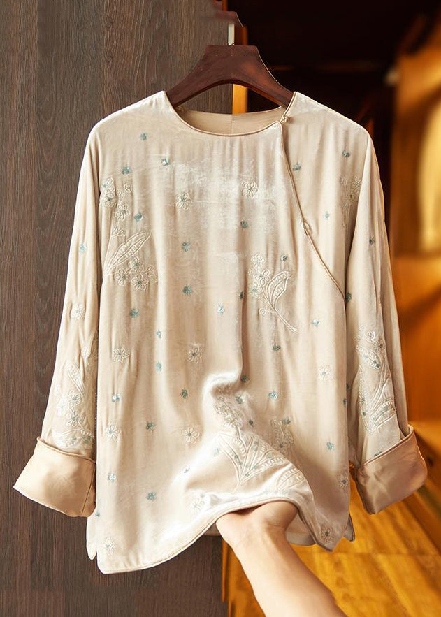 Loose Black Embroideried Side Open Silk Velour Top Fall