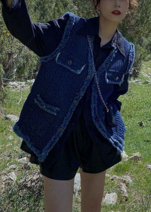 French Navy Retro V Neck Denim Pockets Fall Vest