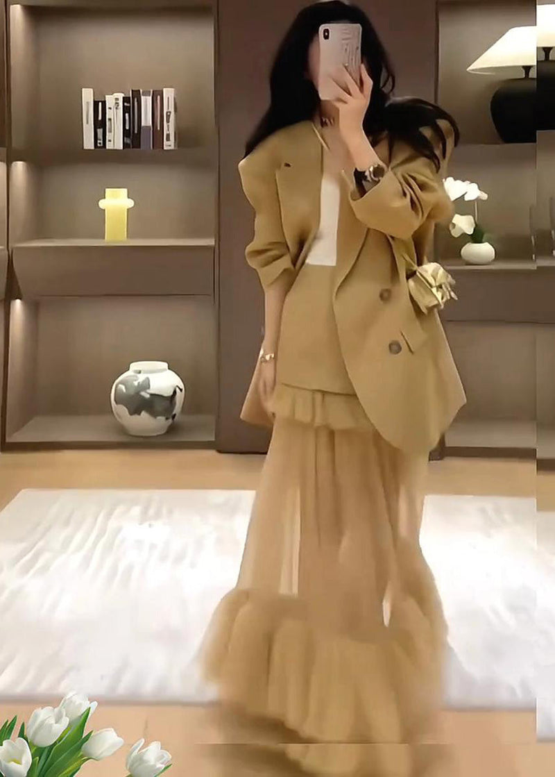 Stylish Khaki Suit Coat and Skirts Two Pieces Set Spring