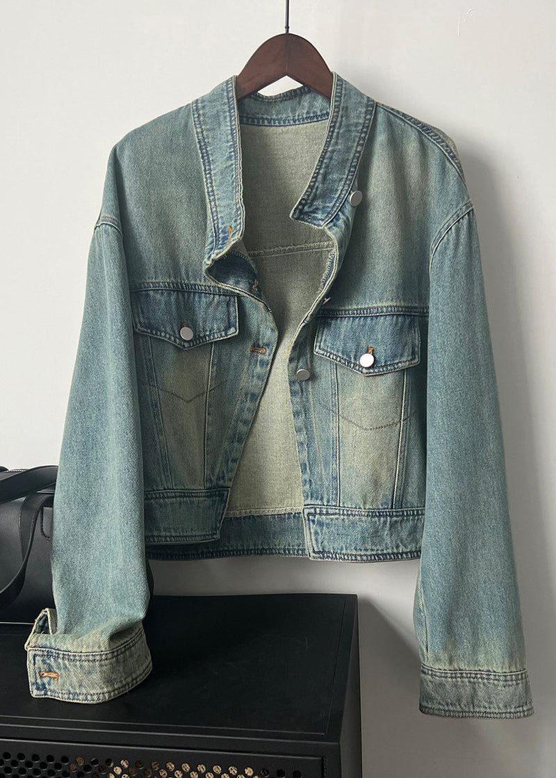 Blue Stand Collar Pockets Denim Short Coat Fall