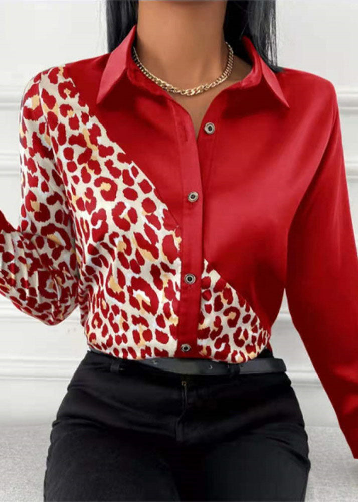 Black Peter Pan Collar Patchwork Leopard Print Silk Shirts Long Sleeve