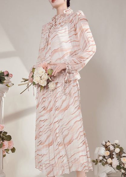 Ruffled Striped Chiffon Shirts and Maxi Skirts Two-piece Set Fall
