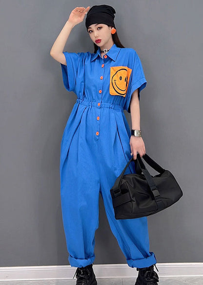 Blue Turn-down Collar Drawstring Smile Applique Button Cotton Overalls Jumpsuit Short Sleeve