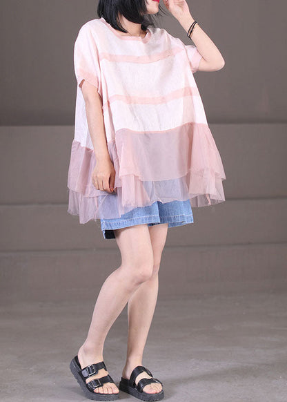 Pink O-neck Tulle Patchwork Cotton Linen Loose Tank Tops Short Sleeve