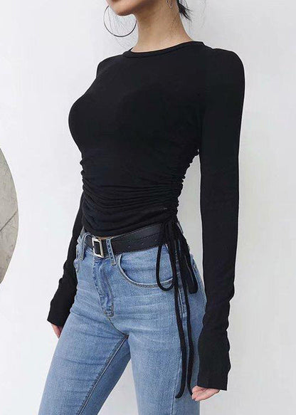 Simple Black O-neck Drawstring Wrinkled Cotton Top Spring