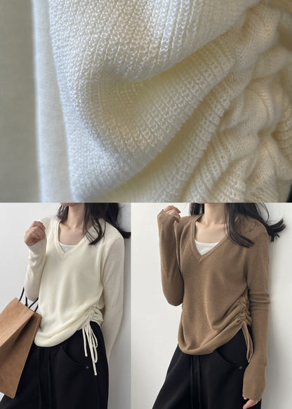Coffee Cinched Knit Blouses V Neck Long Sleeve
