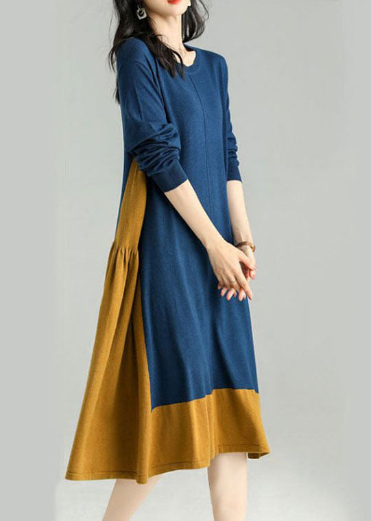 Colorblock O Neck Patchwor Kwrinkled Knit Dress Spring