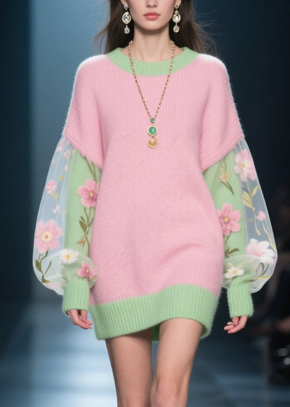 French Colorblock Tulle Patchwork Knit Sweater Dress Winter