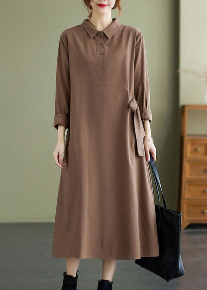 Khaki Peter Pan Collar Tie Waist Cotton Dresses Spring