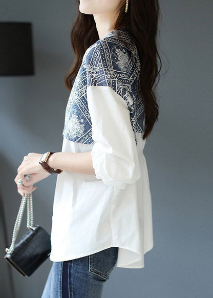 Brief White O-neck Print Patchwork Button Shirt Long Sleeve