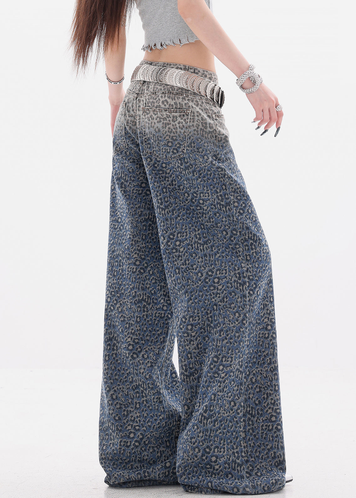 Gradient Color Leopard High Waist Denim Wide Leg Pants Fall