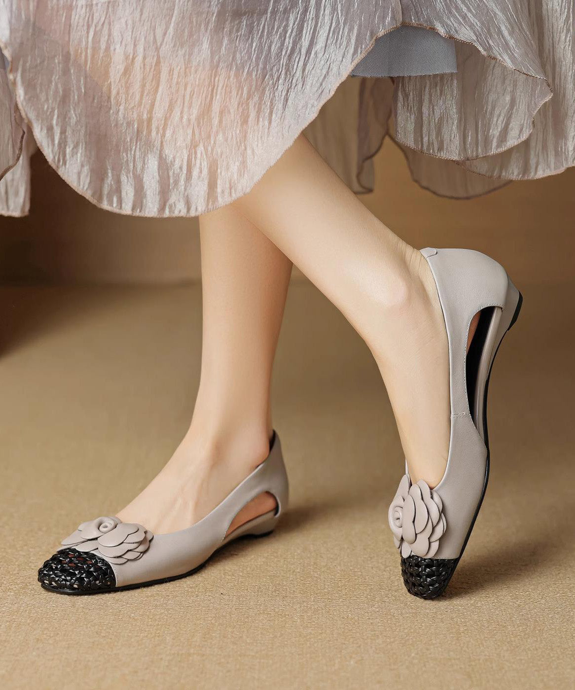 Grey Flat Shoes for Cowhide Leather Soft Splicing