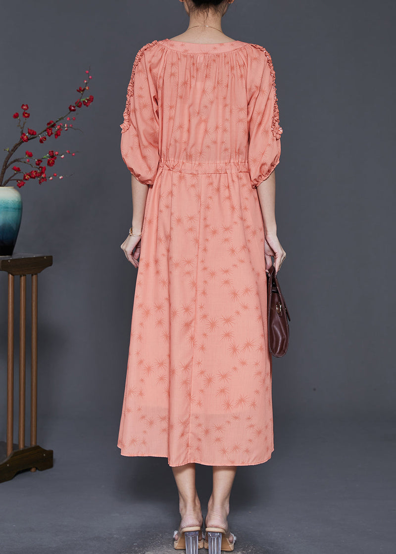Orange Ruffled Print Linen Cinched Dress Summer