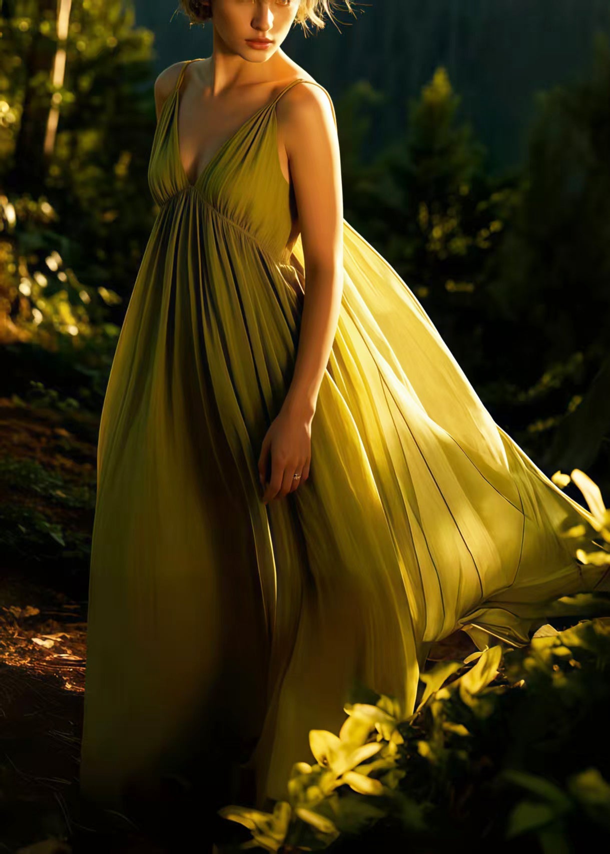 Grass Green Exra Large Hem Chiffon Spaghetti Strap Dress Summer