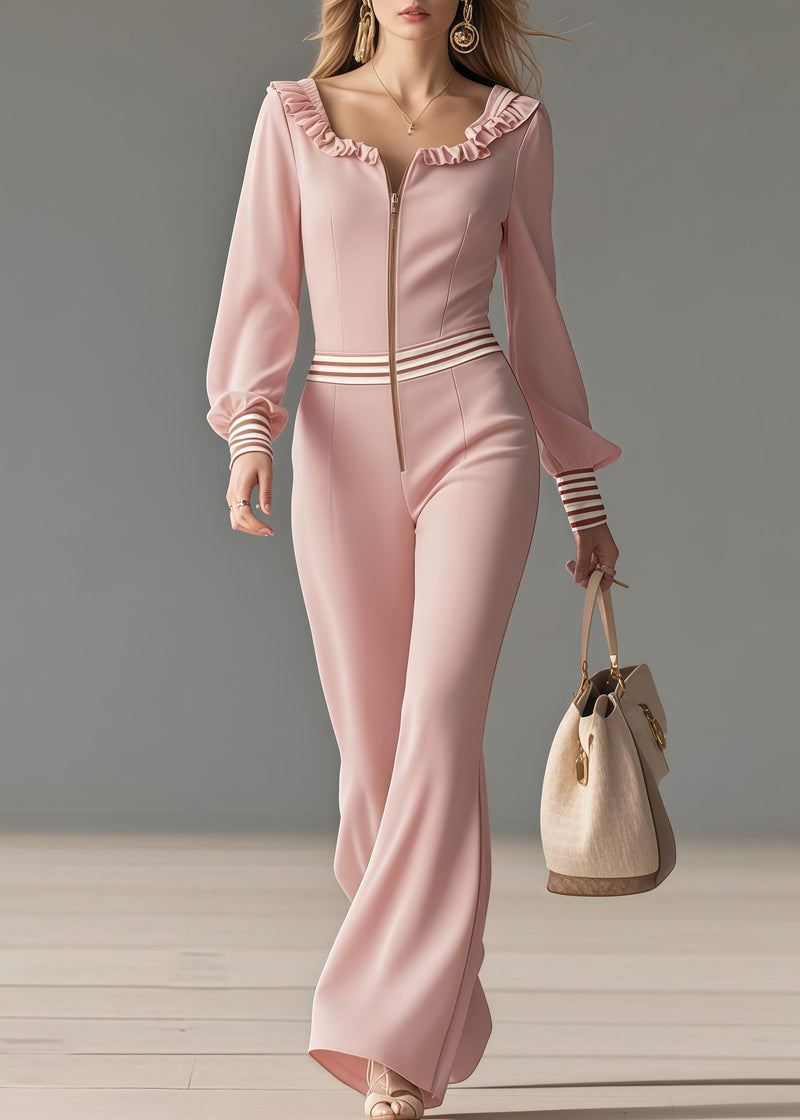 Pink Ruffled Patchwork Draping Chiffon Jumpsuit Spring