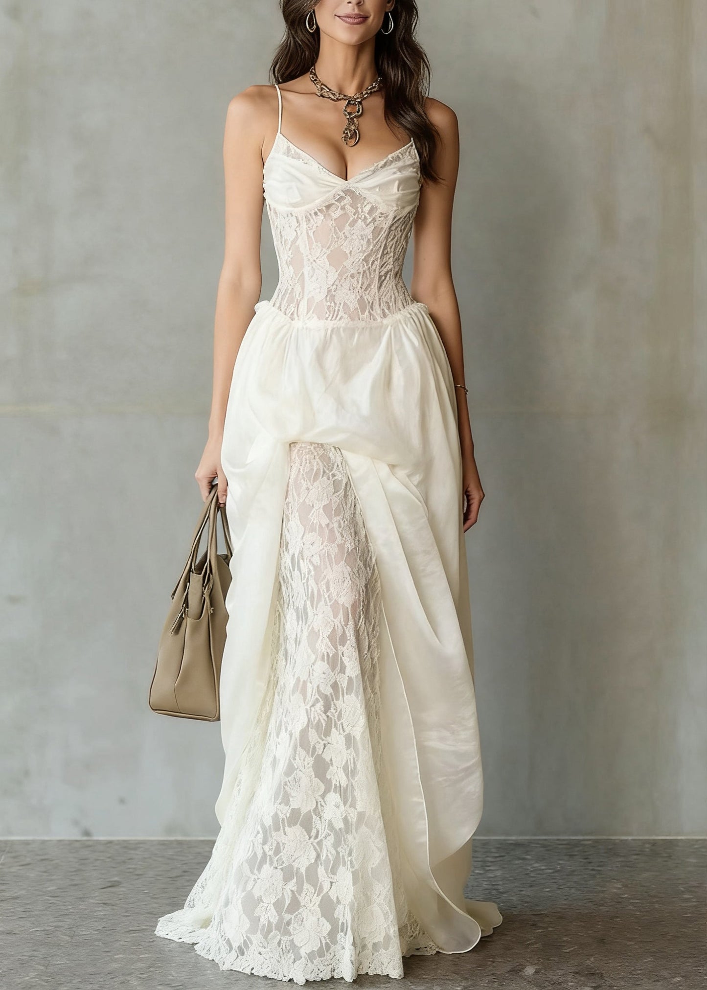 White V Neck Lace Patchwork Spaghetti Strap Dress Sleeveless