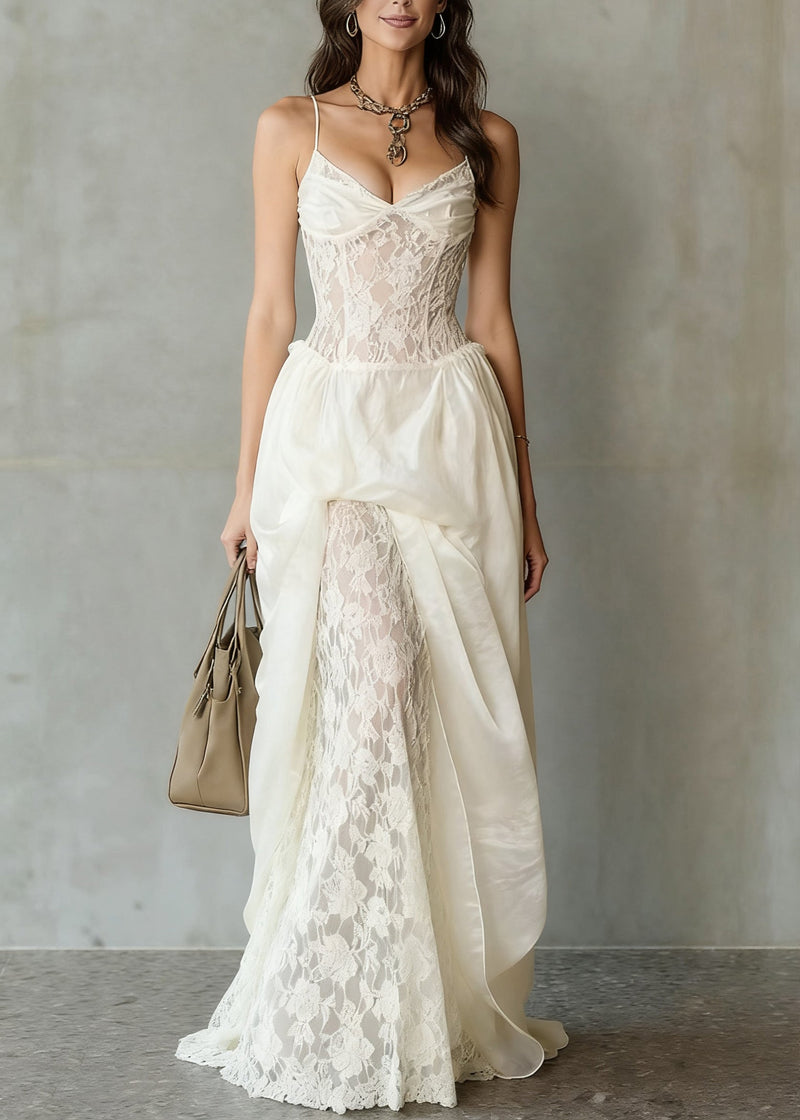 White V Neck Lace Patchwork Spaghetti Strap Dress Sleeveless