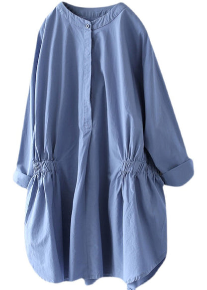 Sky Blue Stand Collar Cinched Shirt Tops Long Sleeve
