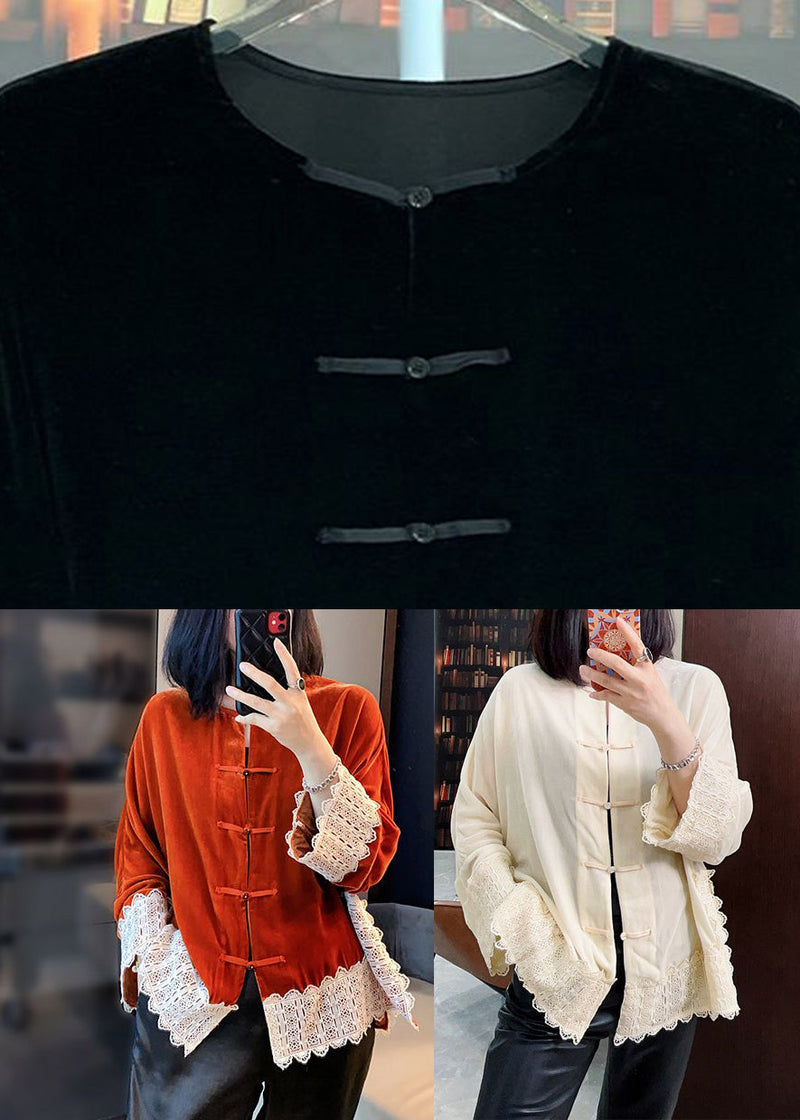Orange Lace Patchwork Silk Velour Coats Long Sleeve