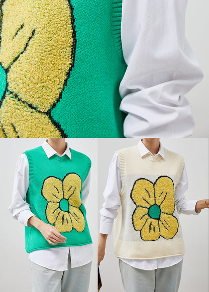 Green Jacquard Knit Vest Tops Spring