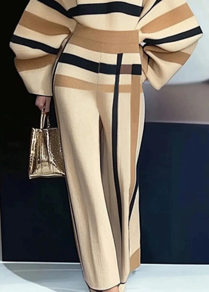 French Apricot Striped Sweaters and Pants Knit Two Pieces Set Spring