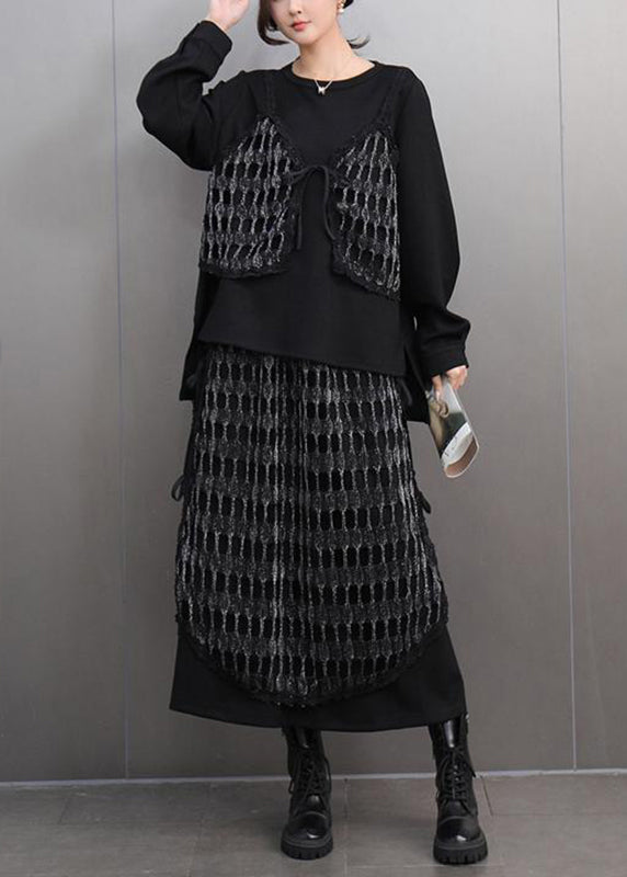 Unique Black O-neck Plaid Patchwork Top and Maxi Skirts Two Piece Set Spring
