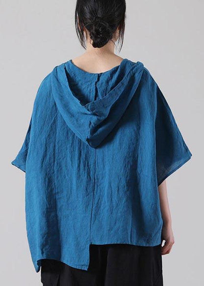 Stylish Blue Asymmetrical Design Cotton Linen Shirt Summer