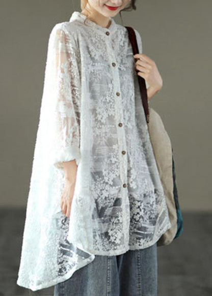 Loose White Hollow Out Lace Upf 50+ Shirts Long Sleeve