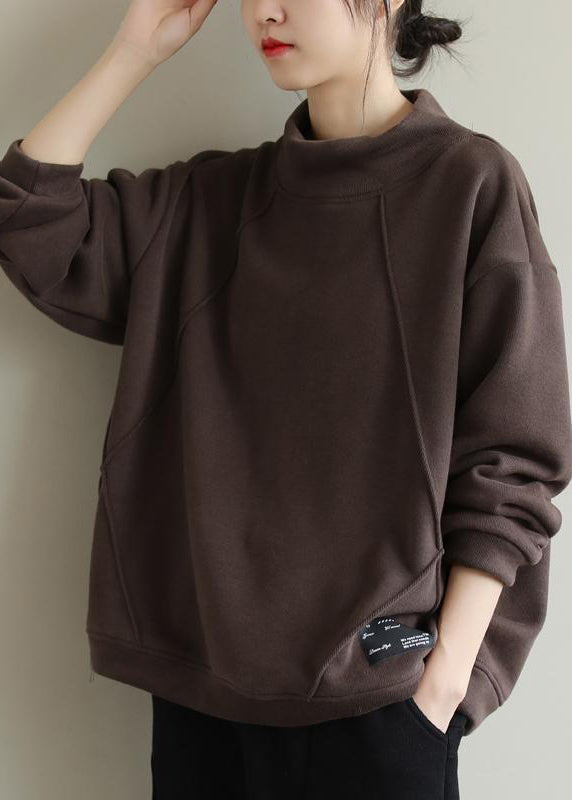 Coffee Patchwork Warm Fleece Pullover Sweatshirt Hign Neck Winter
