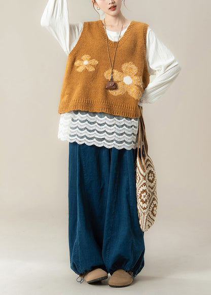 New Yellow V Neck Knit Vest Cotton T Shirt and Corduroy Pants 3 Piece Set Spring