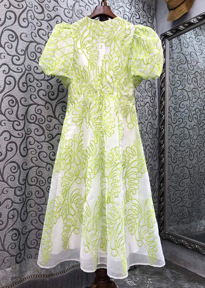 Green V Neck Embroidered Cotton Mid Dress Summer