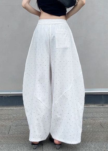 New Grey Dot Pockets Elastic Waist Cotton Wide Leg Pants Fall