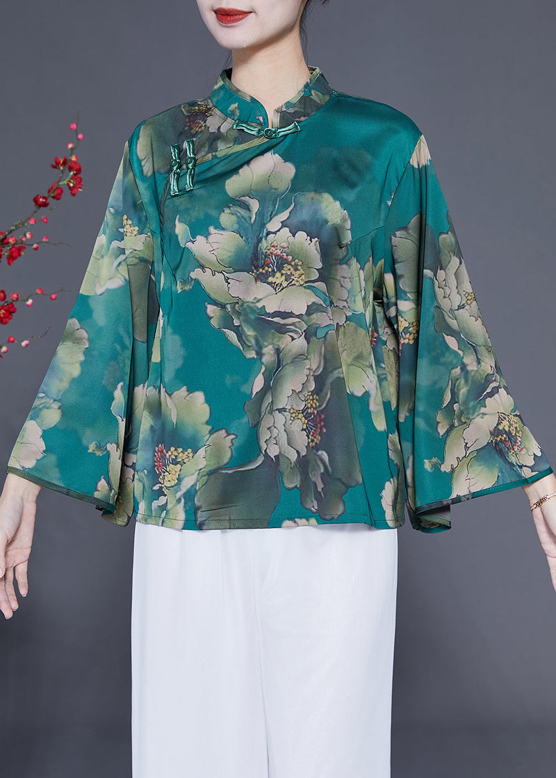 Peacock Green Mandarin Collar Print Silk Top Flare Sleeve
