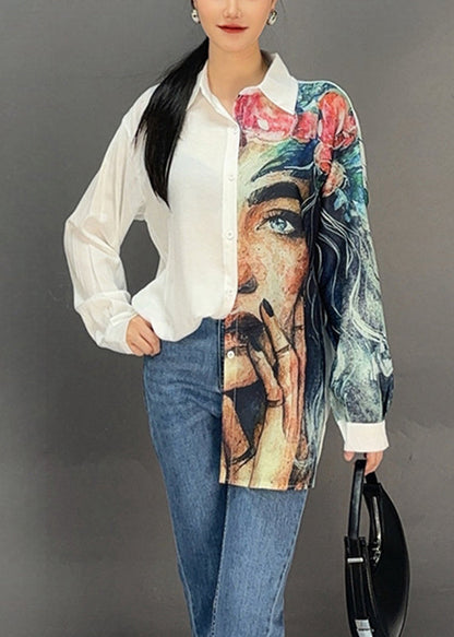 White Peter Pan Collar Print Shirt Spring