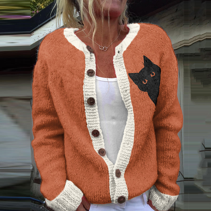 Comstylish Vintage Peek-A-Boo Hiding Black Cat Printed Comfortable Sweater Knit Cardigan