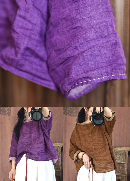 Purple O-neck Wrinkled Linen Shirt Spring