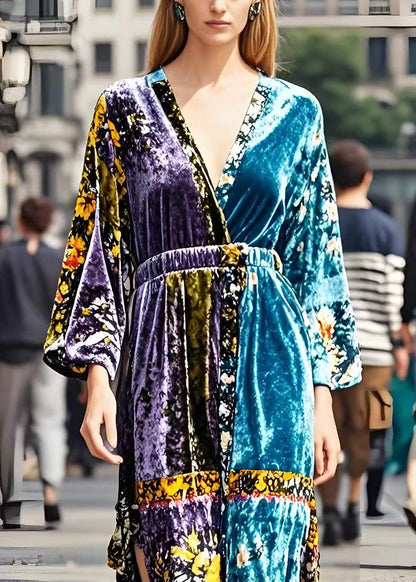 Boutique Cinched Patchwork Side Open Silk Velour Dress Spring