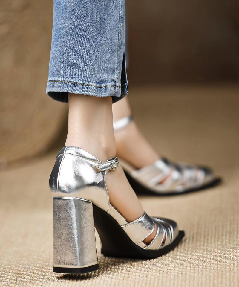 European and American Style Gold Sandals Chunky Heel Hollow Out