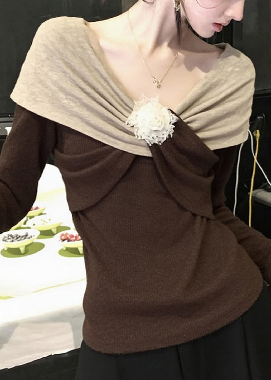 Original Design Brown Patchwork Knit Sweaters Fall