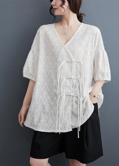 White V Neck Print Tassel Lace Shirt Summer
