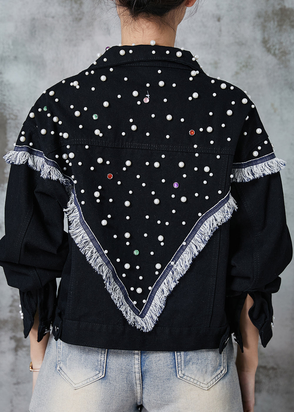 Black Tasseled Patchwork Nail Bead Denim Jacket Spring