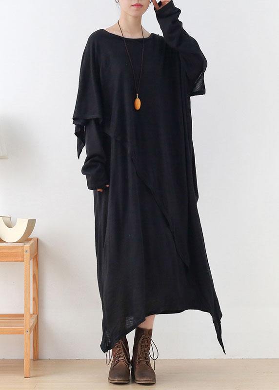 Diy Black Loose Asymmetrical Design Fall Cotton Long Sleeve Dresses
