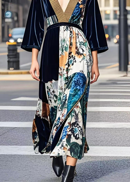 Dark V Neck Print Silk Velour Cinched Dress Fall