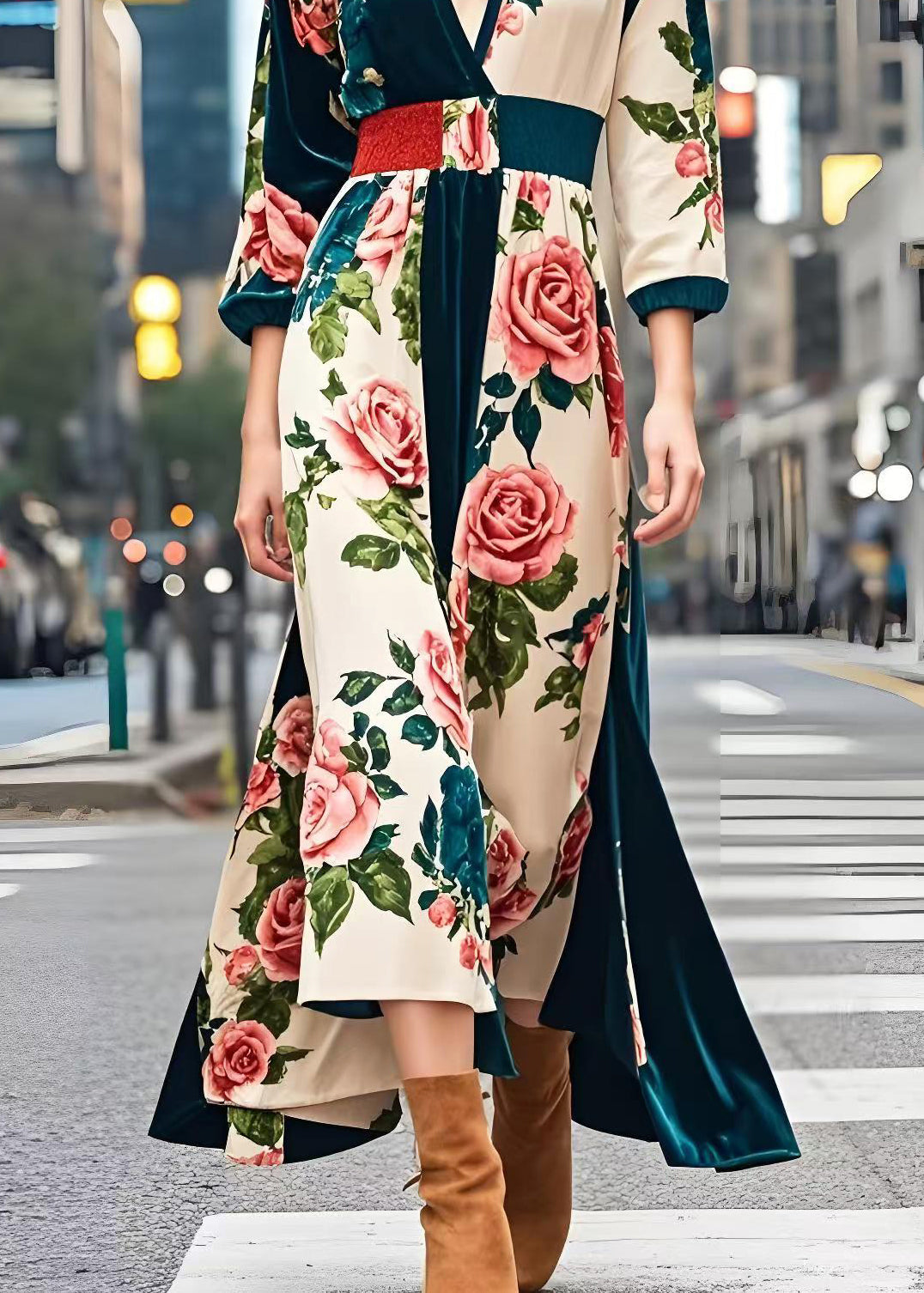 Peacock Green Cinched Print Silk Velour Dress Spring