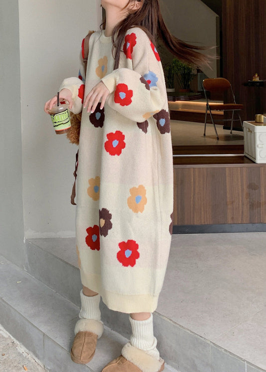 Beige O Neck Long Knit Sweaters Dress Winter