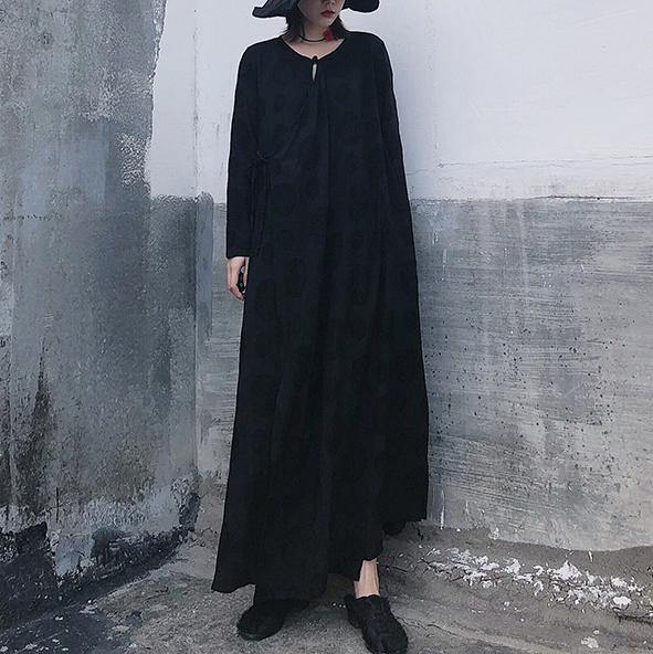 French Black Jacquard Clothes O Neck Tie Waist Long Spring Dress